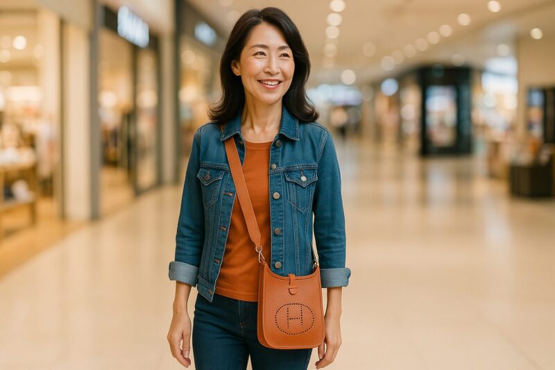 50代女性がエブリンを斜め掛けしている