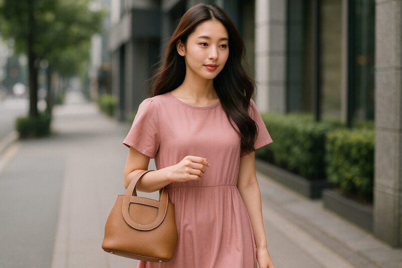 インザループを腕にかけて歩いているピンク色のワンピースを着た女性