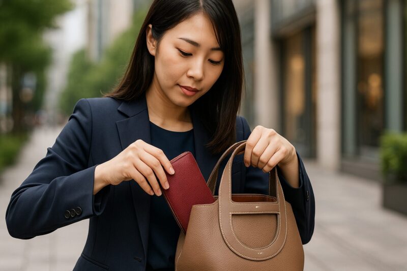 インザループの中から赤い財布を取り出している女性